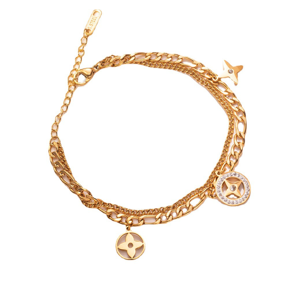 Bracciale Minimalista da Donna in Acciaio al Titanio a Forma di Lettera con Intarsio di Strass e Motivo a Stella