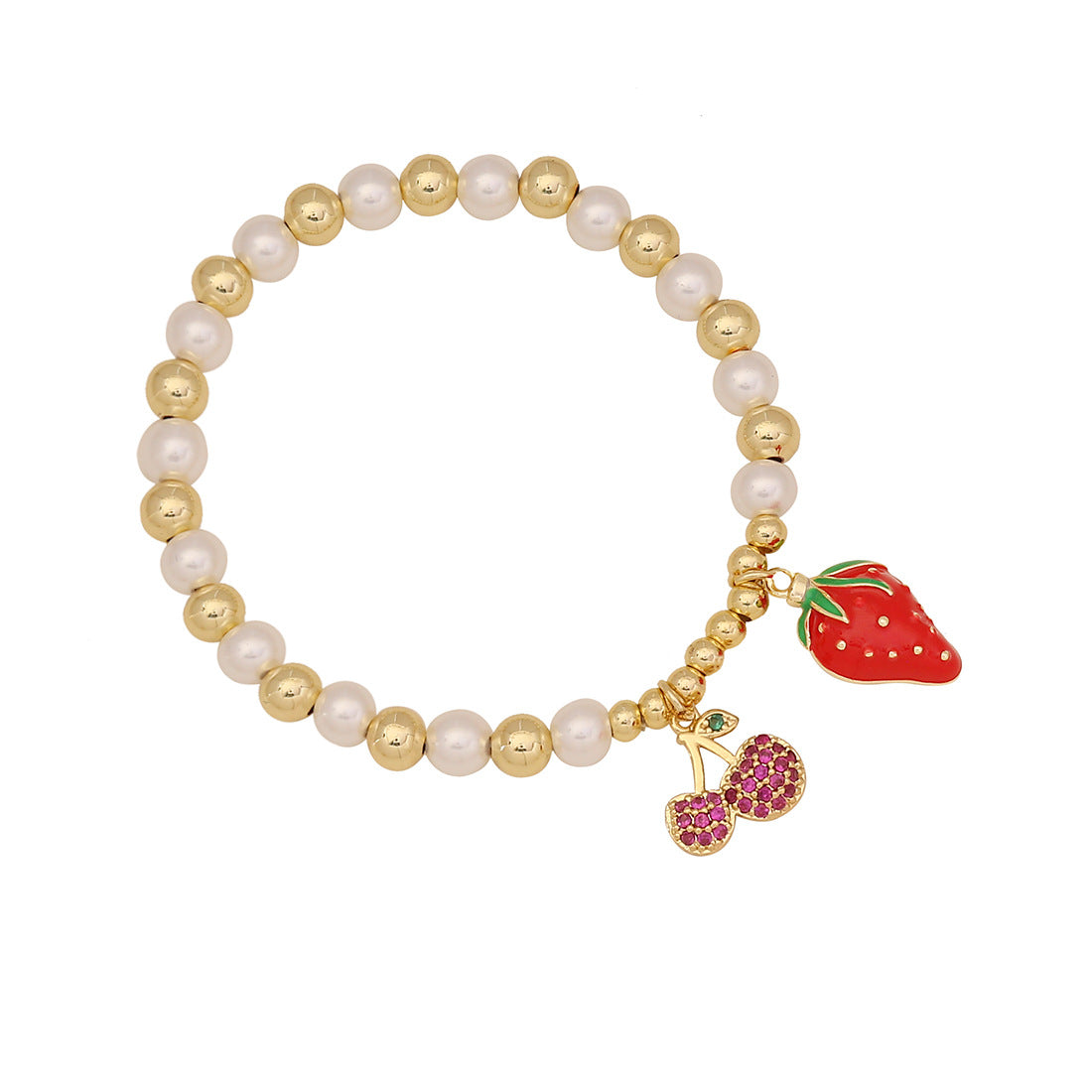 Sweet Cherry and Strawberry Beaded Bracelet in Brass with Handcrafted Farmhouse Style Fresh and Cute Design