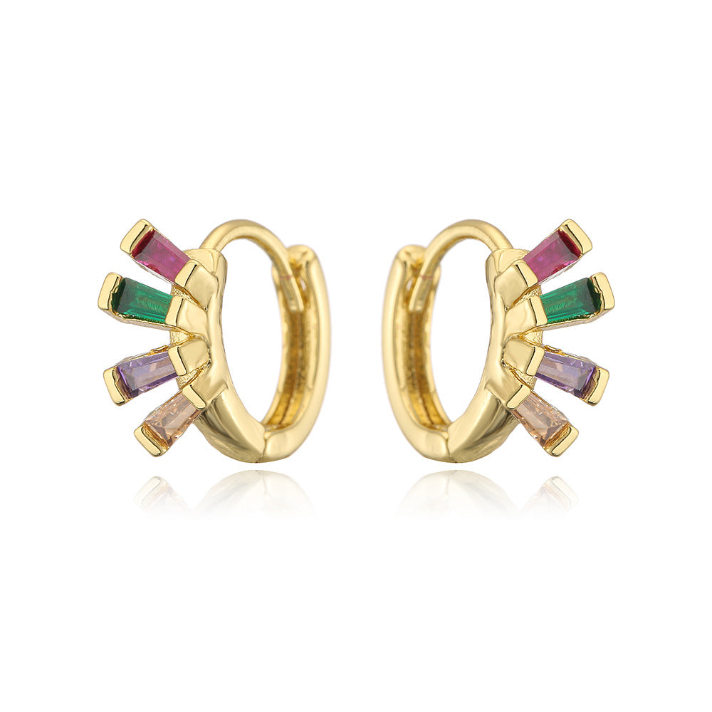 Minimalist Irregular Geometric Earrings for Women in Copper with Real Gold Plating and Colorful Zircon Inlays