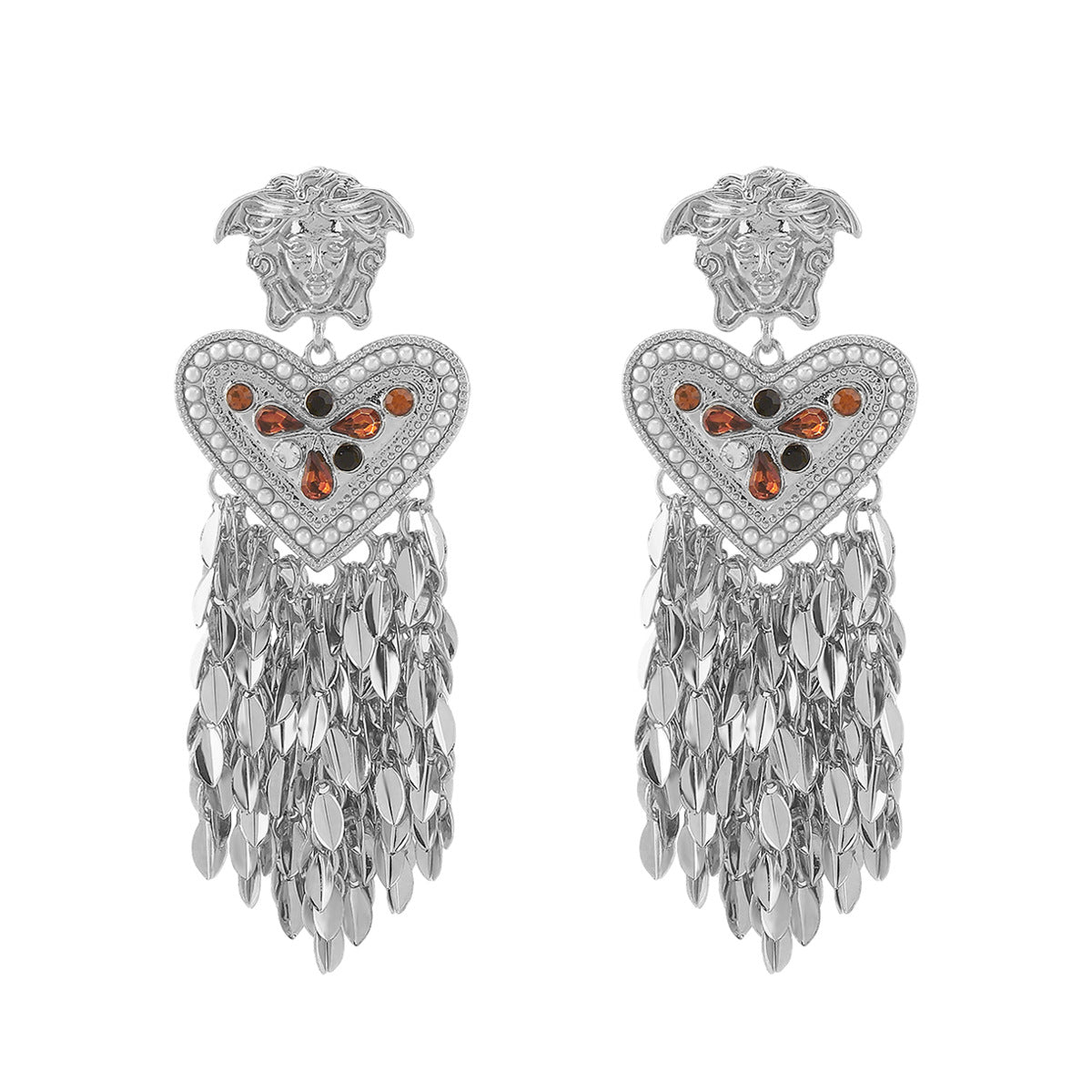 Pendientes colgantes vintage de Medusa con forma de corazón, borlas, acabado chapado en aleación e incrustaciones de pedrería y perlas simuladas