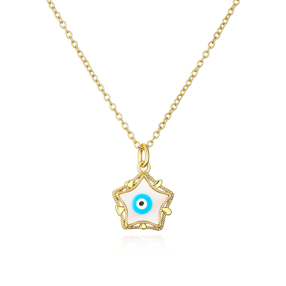 Collana Minimalista Geometrica a Cinque Punte Occhio di Allah da Donna, in Rame Placcato Oro 18K con Finitura a Smalto