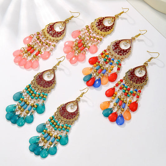 Bohemian Vintage Ethnic Colorful Teardrop Geometric Hollow Exaggerated Tassel Earrings for Women