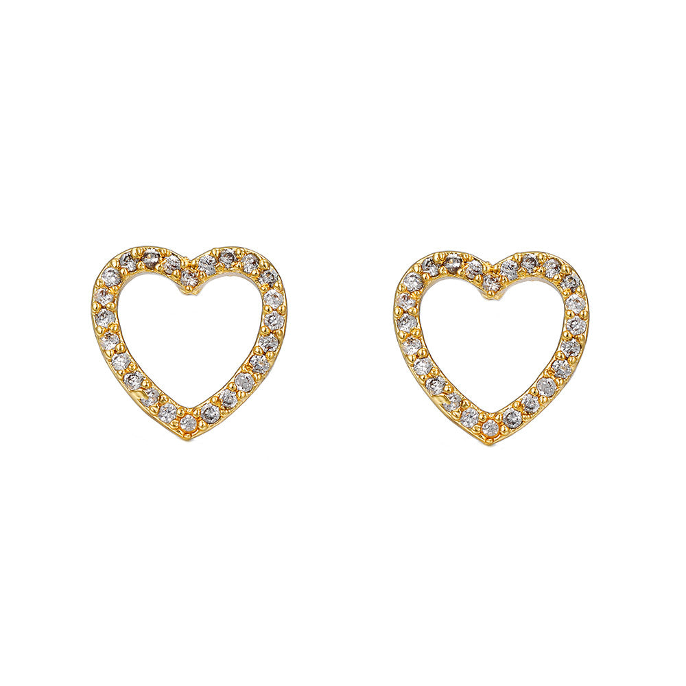 Minimalist Elegant Gold Plated Brass Heart Earrings with Micro-Inlaid Cubic Zirconia