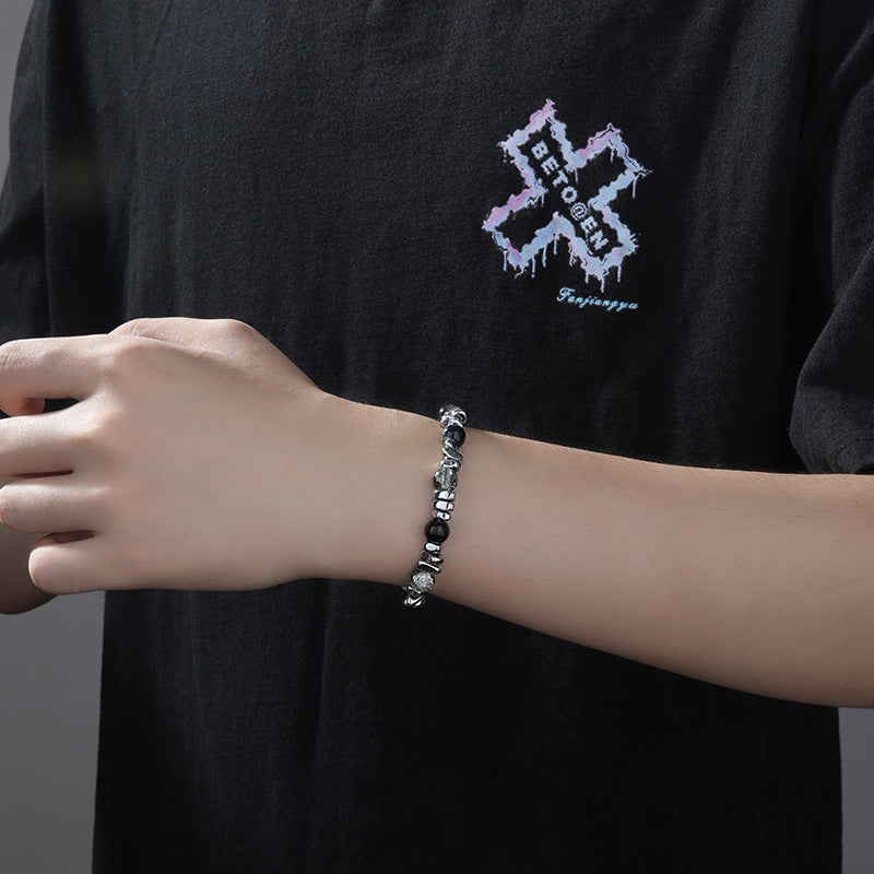 Hip-hop Streetwear Geometric Titanium Steel Stainless Steel Double Layer Cracked Bead Bracelet for Men and Women