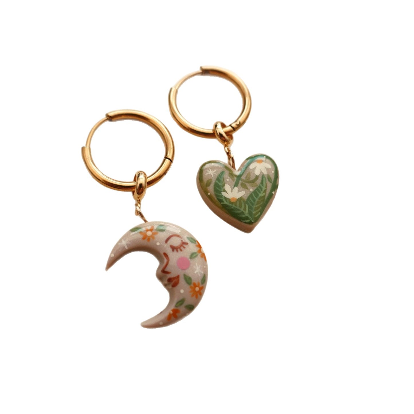 Vintage 14K Gold Plated Brass Butterfly Moon Heart Drip Oil Charm Bar