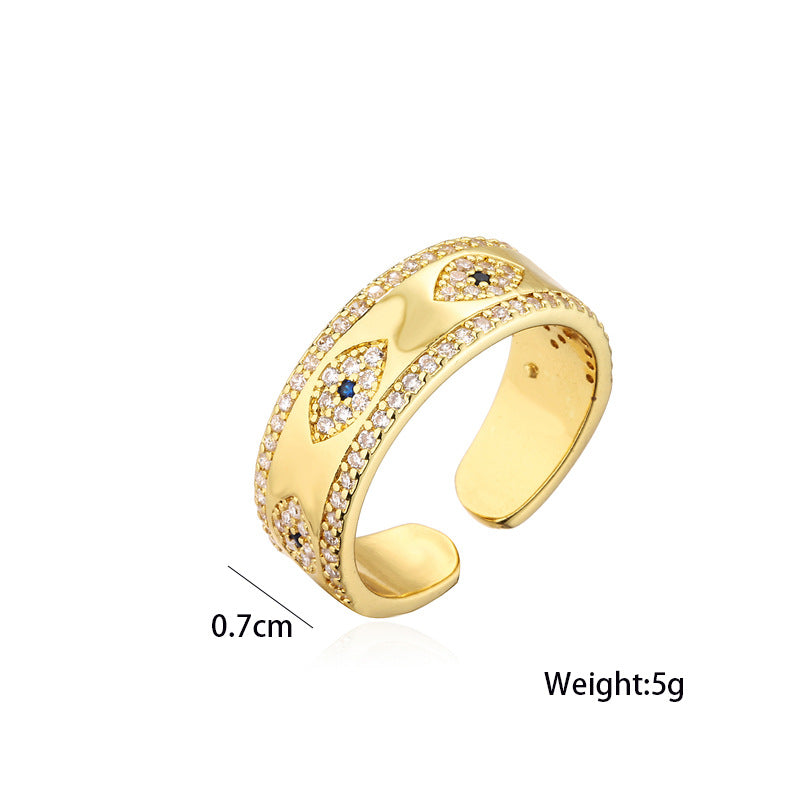 Minimalist 18K Gold Plated Brass Geometric Micro-Inlay Cubic Zirconia Evil Eye Ring for Women