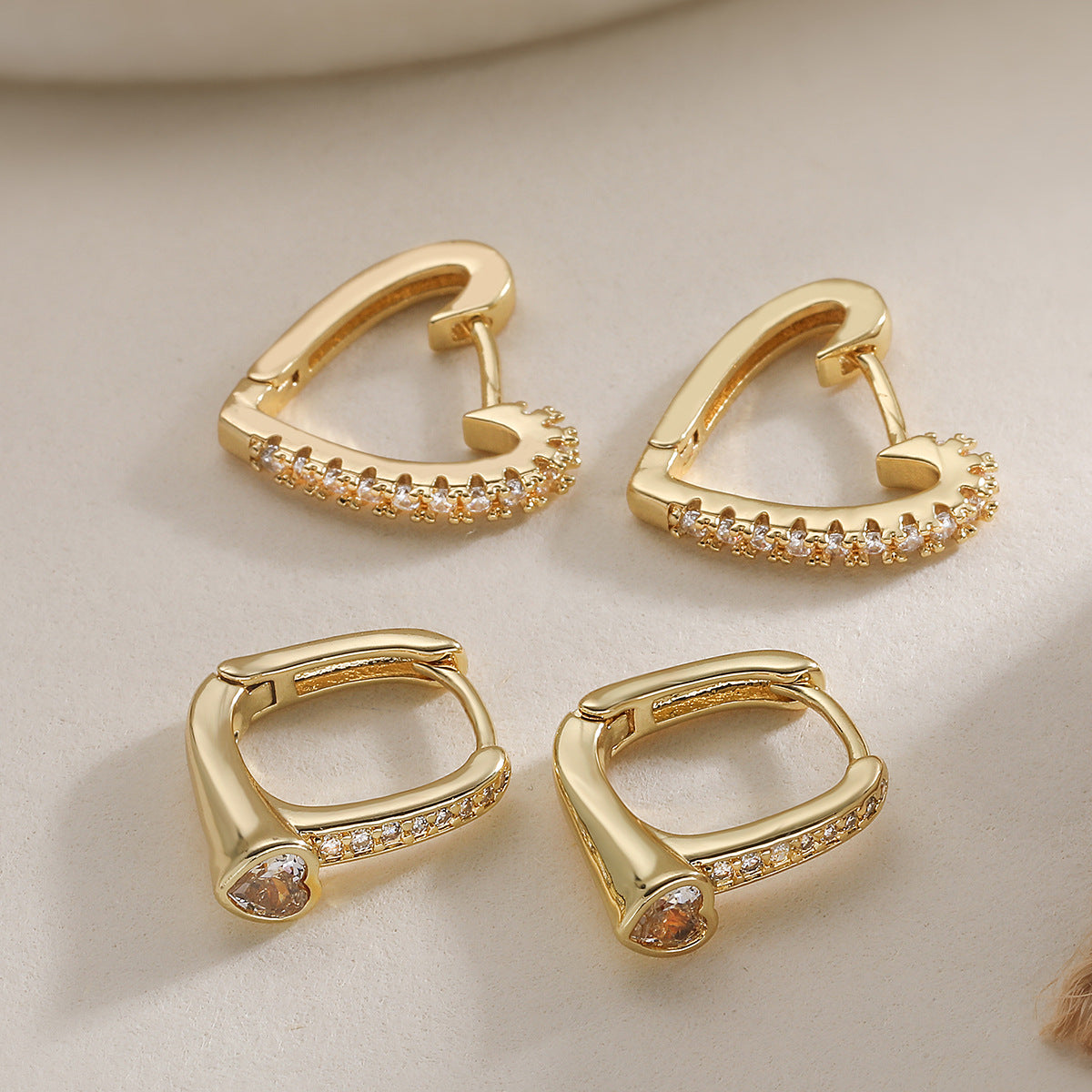 Minimalist Heart Geometric Brass Gold Plated Cubic Zirconia Earrings