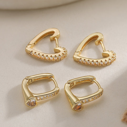 Minimalist Heart Geometric Brass Gold Plated Cubic Zirconia Earrings
