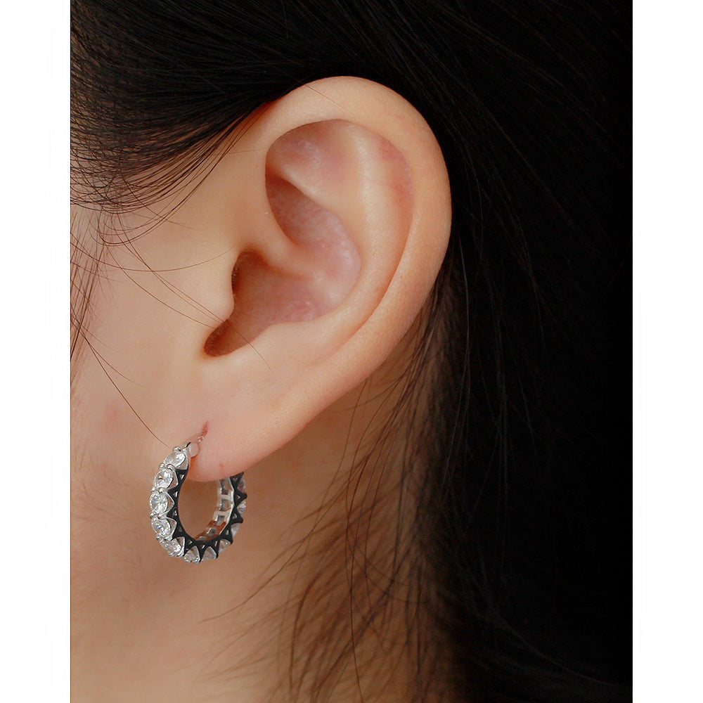Minimalist Geometric Sterling Silver Hoop Earrings with Zirconia Inlay for Women