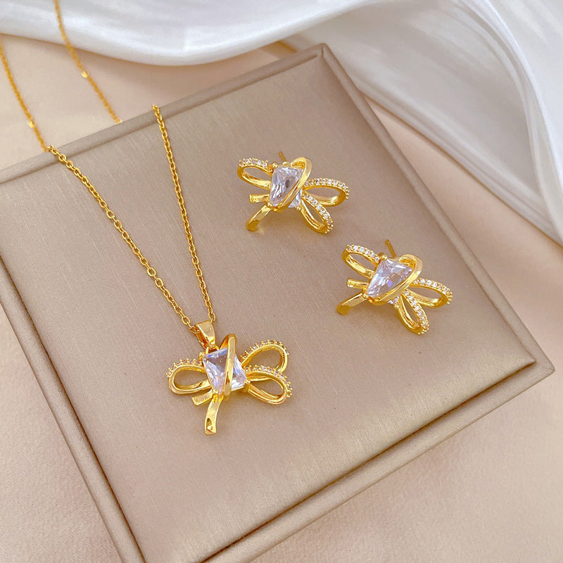 Luxury Fresh and Sweet Plated Brass Zircon Micro-Pave Earrings and Necklace Set