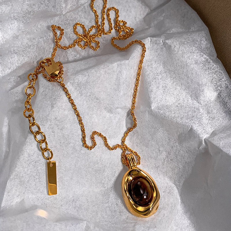 Collana con Ciondolo Vintage a Occhio di Tigre Geometrico Placcata Oro 18K Lunga per Maglione da Donna