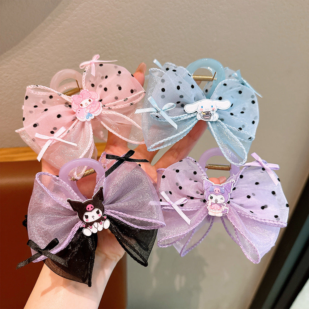 Cartoon Style Bow Hair Clip for Girls with Tulle and Sanrio-Inspired Character Design