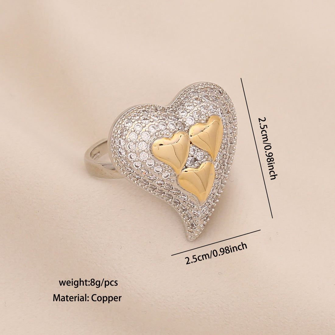 Anello da donna personalizzato in rame a forma di cuore cavo placcato oro
