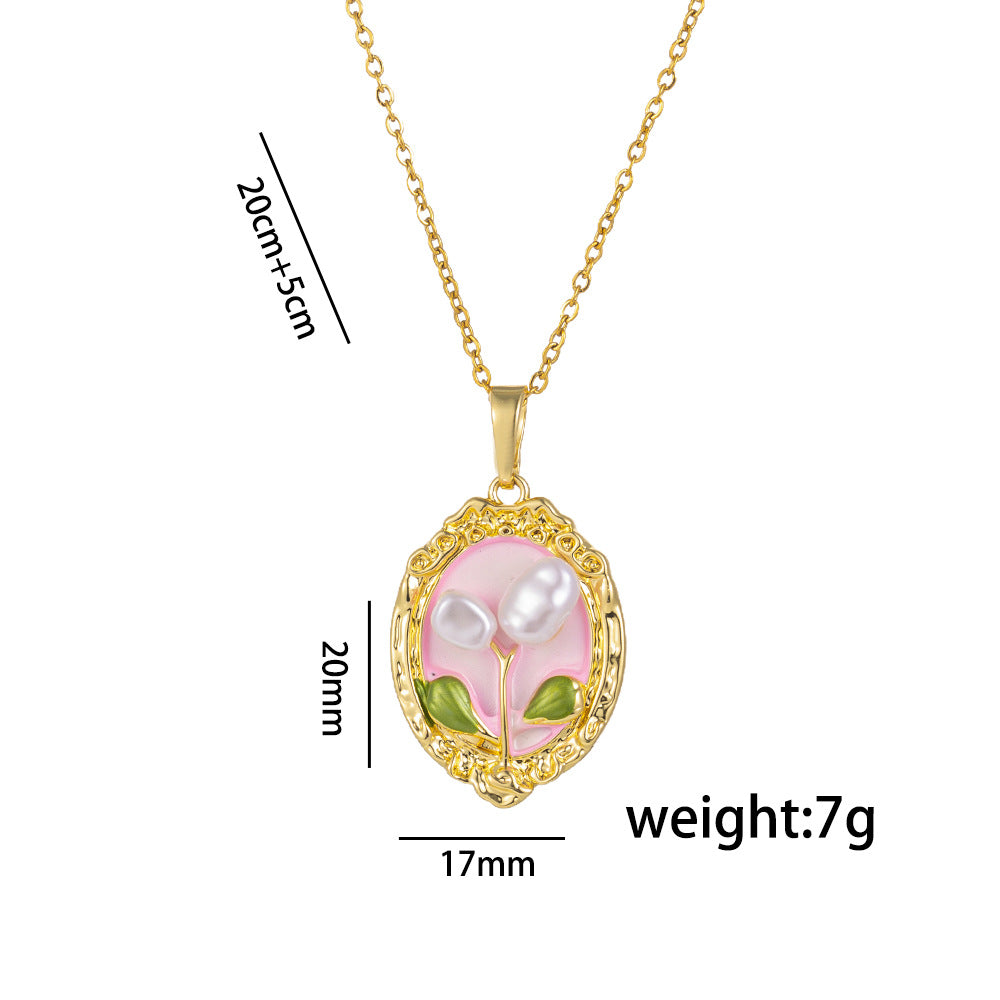 Elegant French Vintage Enamel Floral Pendant Necklace in Titanium Steel with Tulip Rose and Camellia Motifs on O-Chain