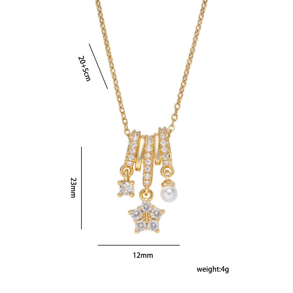 Minimalist Five-Petal Flower Pendant Necklace in Titanium Steel with Zircon and Pearl Accents on O-Chain for Women