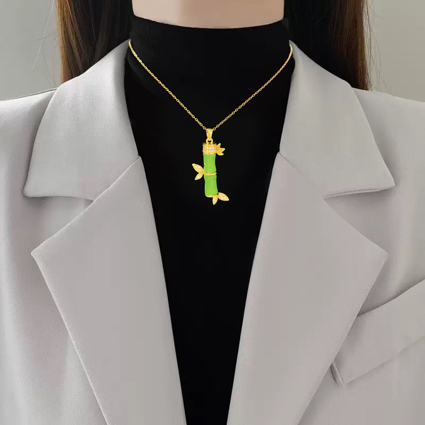 Minimalist Sweet Sporty Full Cubic Zirconia Bamboo Heart Titanium Steel Plated Necklace with Brass Pendant Cable Chain Unisex