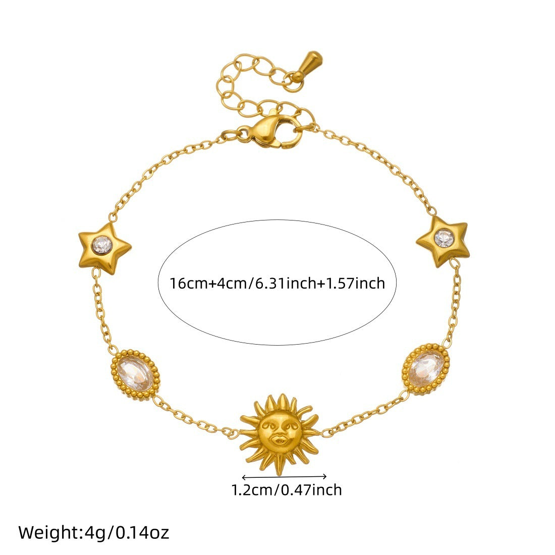 Minimalist Gold Plated Stainless Steel Oval Star Moon Face Sun Rhinestone Pendant Jewelry Set for Women