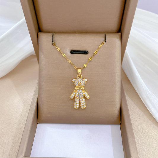 Collar de lujo con colgante de oso geométrico de acero de titanio y detalles de diamantes de imitación para mujer, cadena de locket ajustable