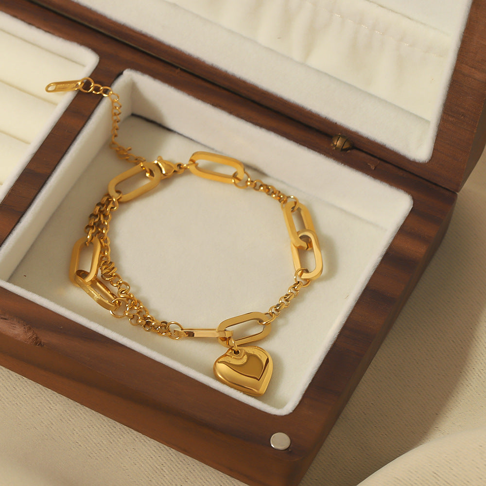 Minimalist Heart-Shaped Stainless Steel Bracelet with 18K Gold Plating for Women