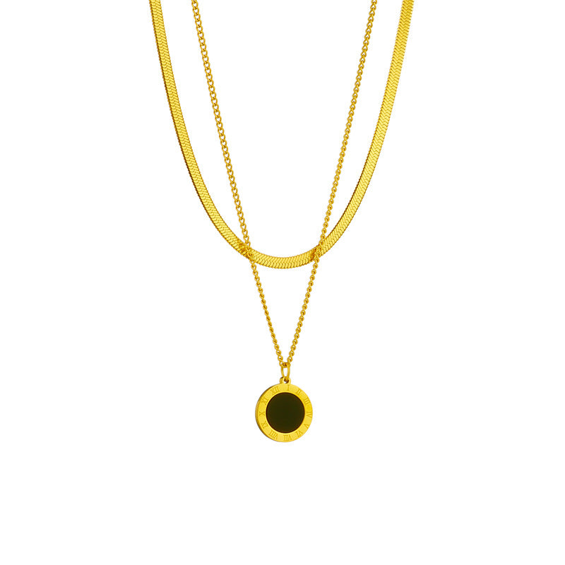 Minimalist Retro Black Roman Round Pendant Necklace in Titanium Steel with Snake Chain