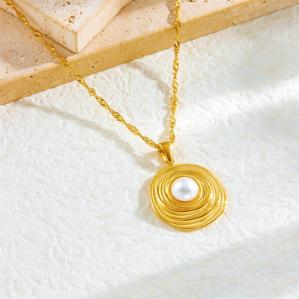 Vintage Elegant 18K Gold Plated Round Wire-Wrapped Pearl Stainless Steel Necklace Earring Ring Set