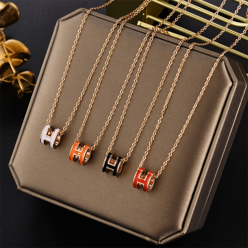 Minimalist Geometric Enamel Letter Pendant Necklace in Titanium Steel with Gold Plating on O-Chain for Women