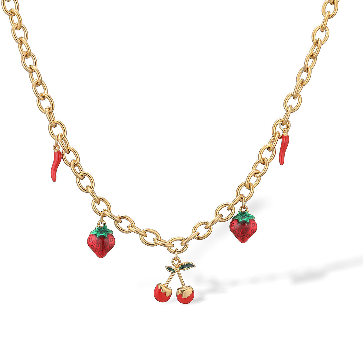 Collar Minimalista con Colgante de Cereza y Fresa para Mujer con Chapado en Oro de 18K sobre Acero Inoxidable