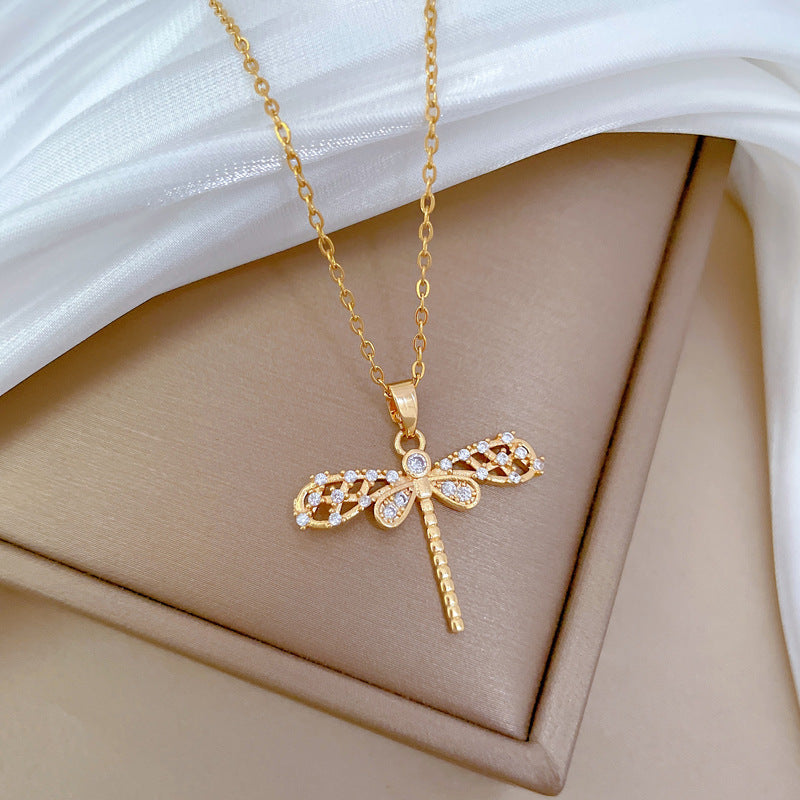 Luxury Hollow-Out Rhinestone Dragonfly Pendant Necklace for Women Titanium Steel Delicate Clavicle Chain with Geometric Design