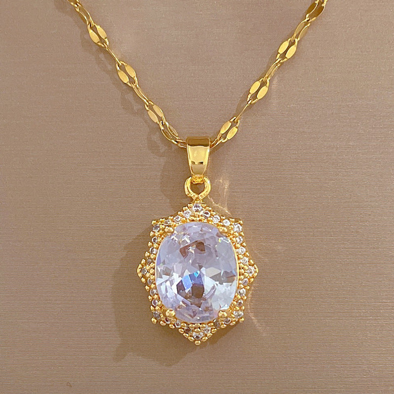 Collana Pendente Geometrica Minimalista a Rombo da Donna in Acciaio al Titanio con Intarsio di Strass e Finitura Placcata