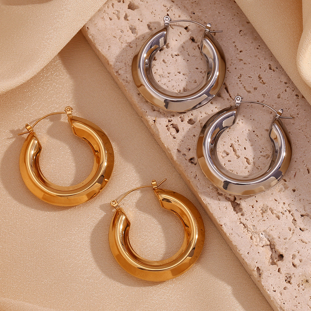 Minimalist Geometric Stainless Steel Hypoallergenic Hoop Earrings with 18K Gold Plating for Women