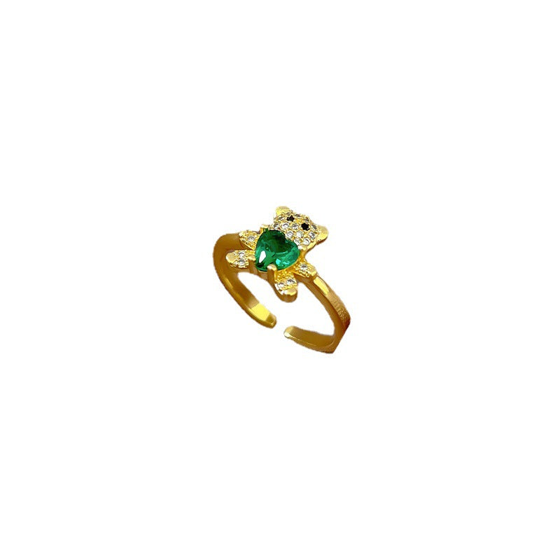 Minimalist Bear-Shaped Brass Ring with Zircon Inlay for Women Adjustable Finger Ring