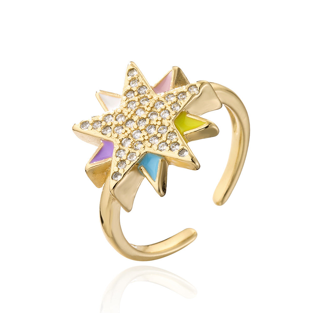 Cartoon Style Geometric Open Star Ring for Women in Copper with 18K Gold Plating and Cubic Zirconia Inlay