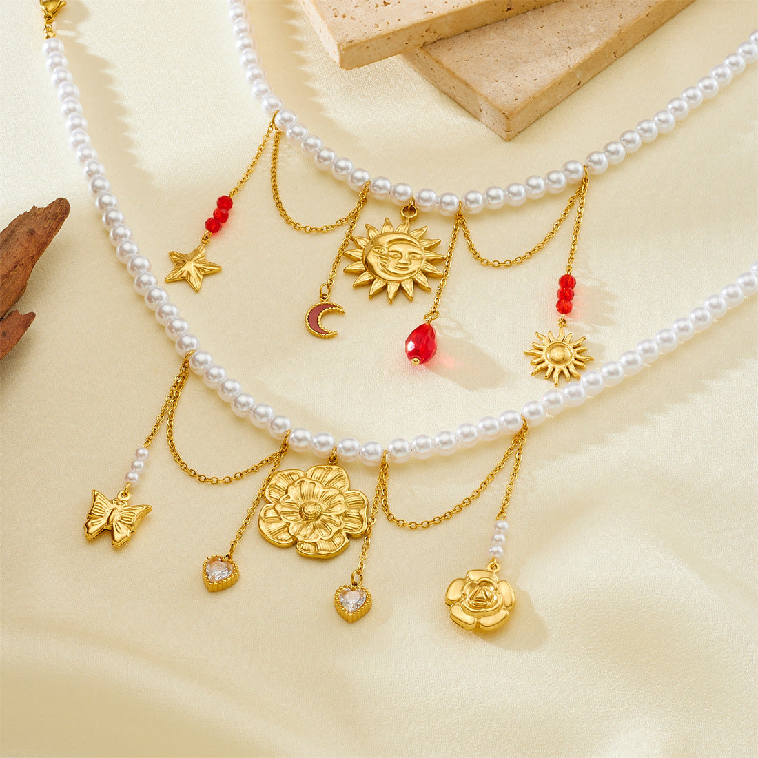 Vintage Elegant Gold Plated Stainless Steel Heart Star Moon Sun Floral Butterfly Rhinestone Pearl Tassel Necklace