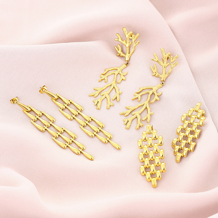 Pendientes de gota geométricos, de acero inoxidable, a la moda, con borla y detalles de coral para mujer