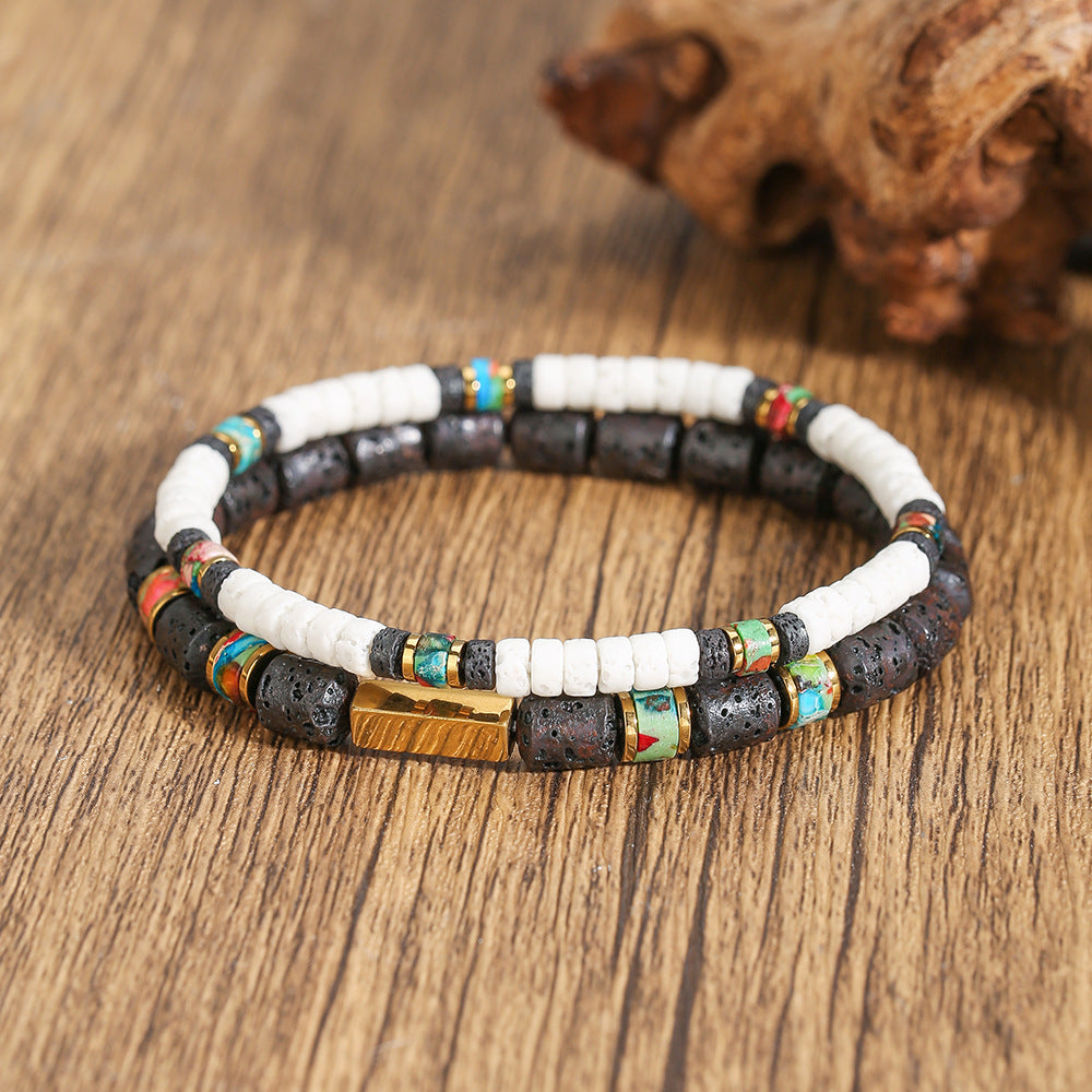 Minimalist Geometric Handmade Volcanic Stone Bracelet Set for Unisex