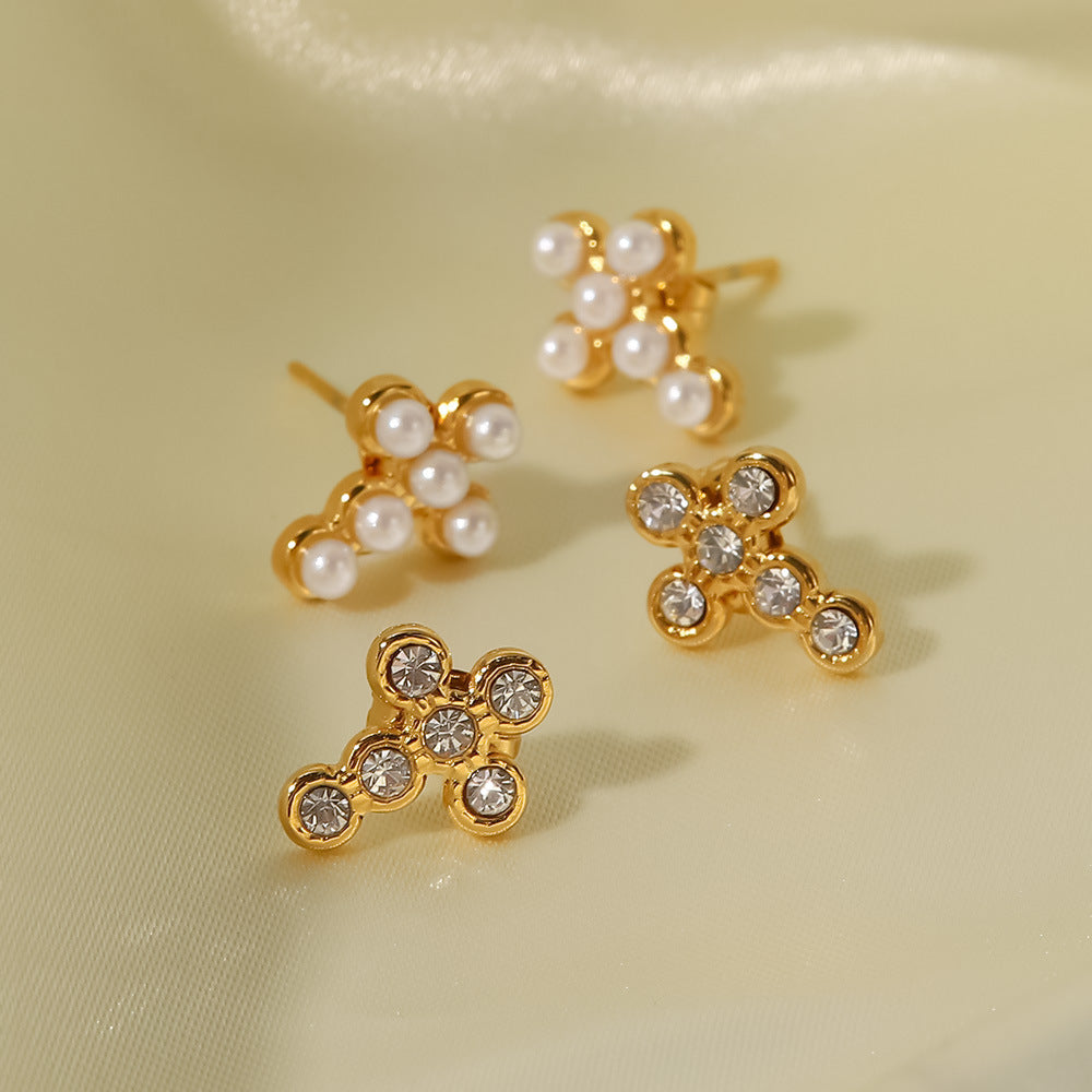 Minimalist Geometric Stainless Steel Cross Stud Earrings with Rhinestone Inlay for Women