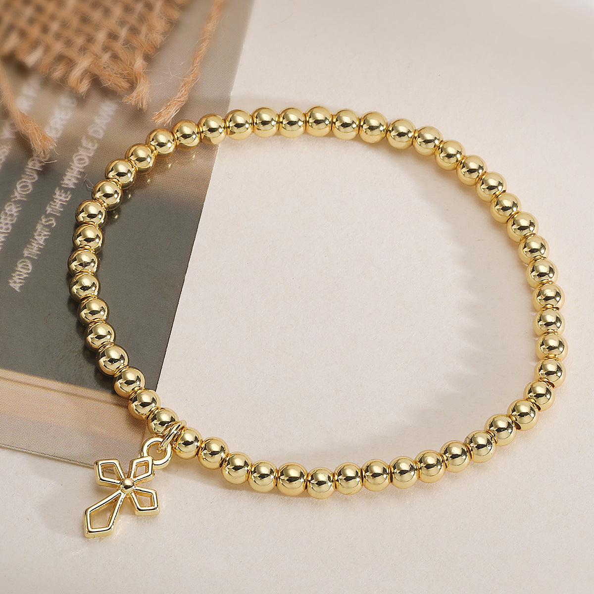 Minimalist 18K Gold Plated Brass Cross Pendant Ball Chain Bracelet with Cubic Zirconia for Women