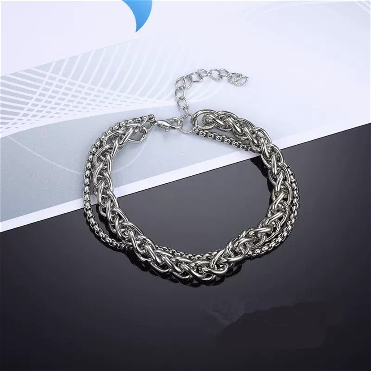 Geometric Hip-Hop Style Polished Stainless Steel Dual-Layer Bracelet for Men