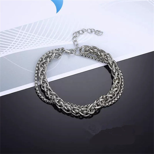 Geometric Hip-Hop Style Polished Stainless Steel Dual-Layer Bracelet for Men