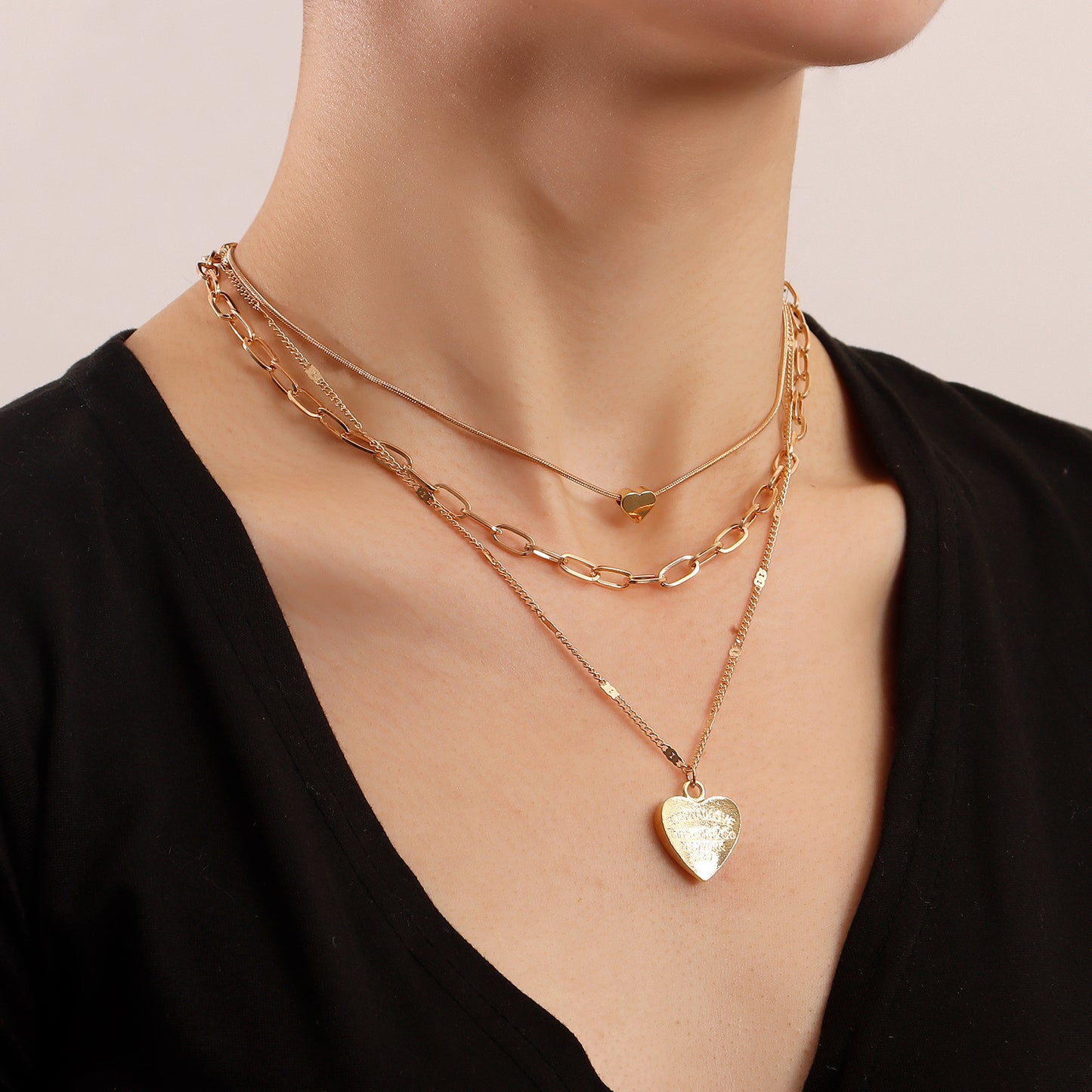 Minimalist Heart-Shaped Alloy Pendant Necklace with Gold Plating for Women, Snake Chain Design