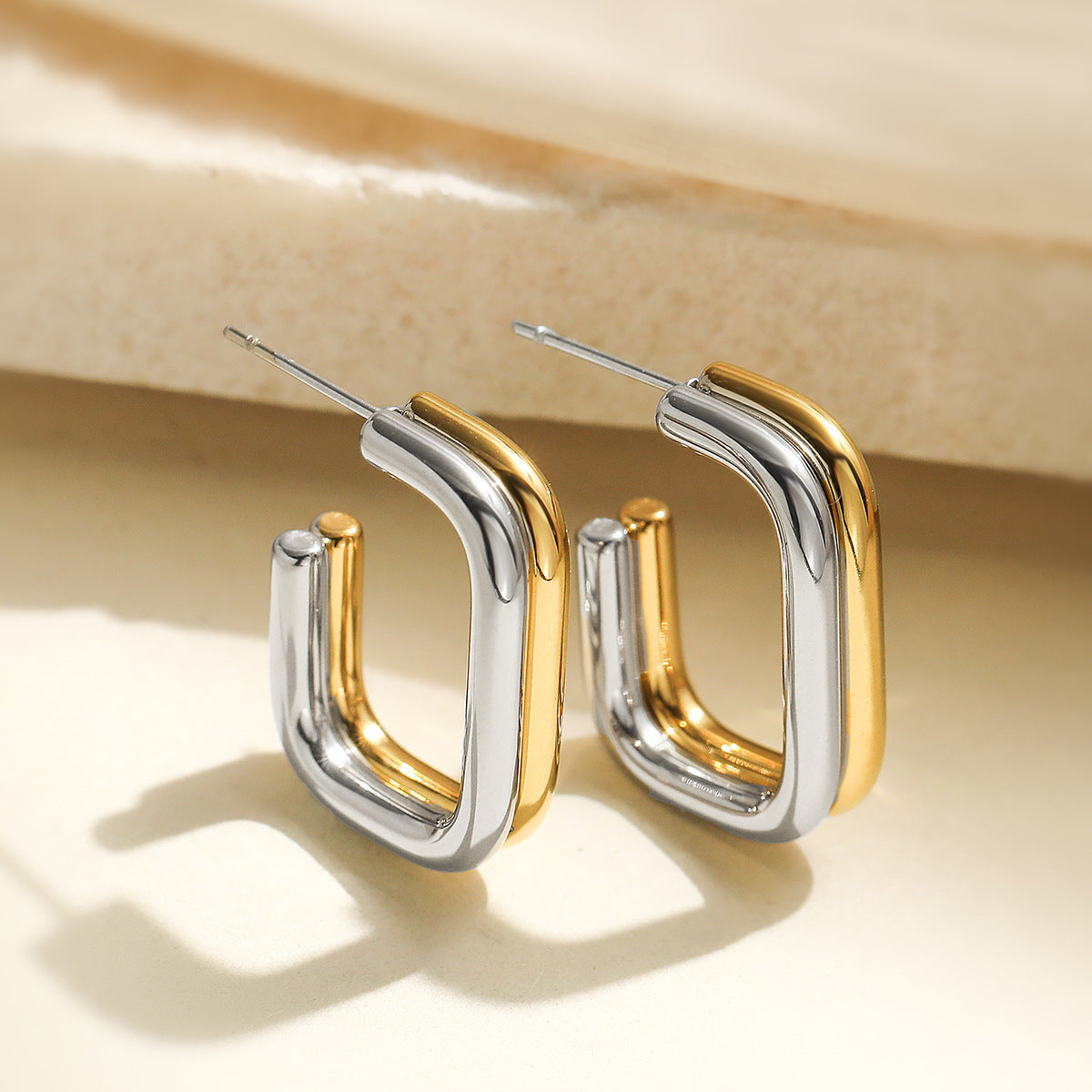 Minimalist Geometric Stainless Steel Earrings for Women with Dual-Tone Plated Finish Irregular Shape Fashionable Everyday Jewelry