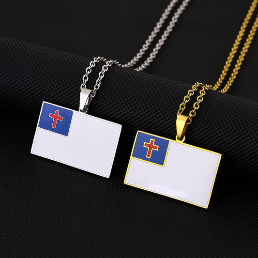 Casual Stainless Steel Enamel Geometric Cross Flag Pendant Necklace for Unisex with Flat Cross Chain
