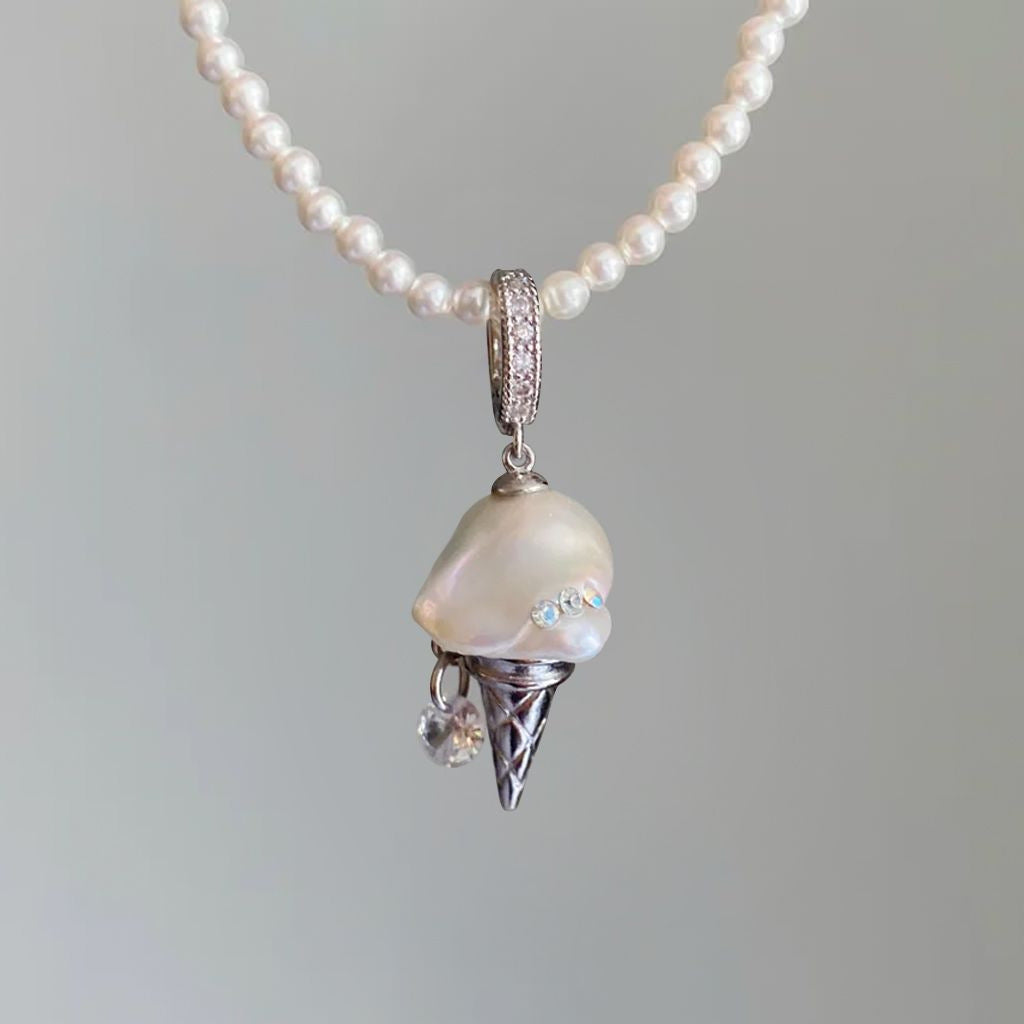 Cute Ice Cream Shaped Geometric Pendant Necklace for Women with Plated Copper Chain and Fresh Sweet Style