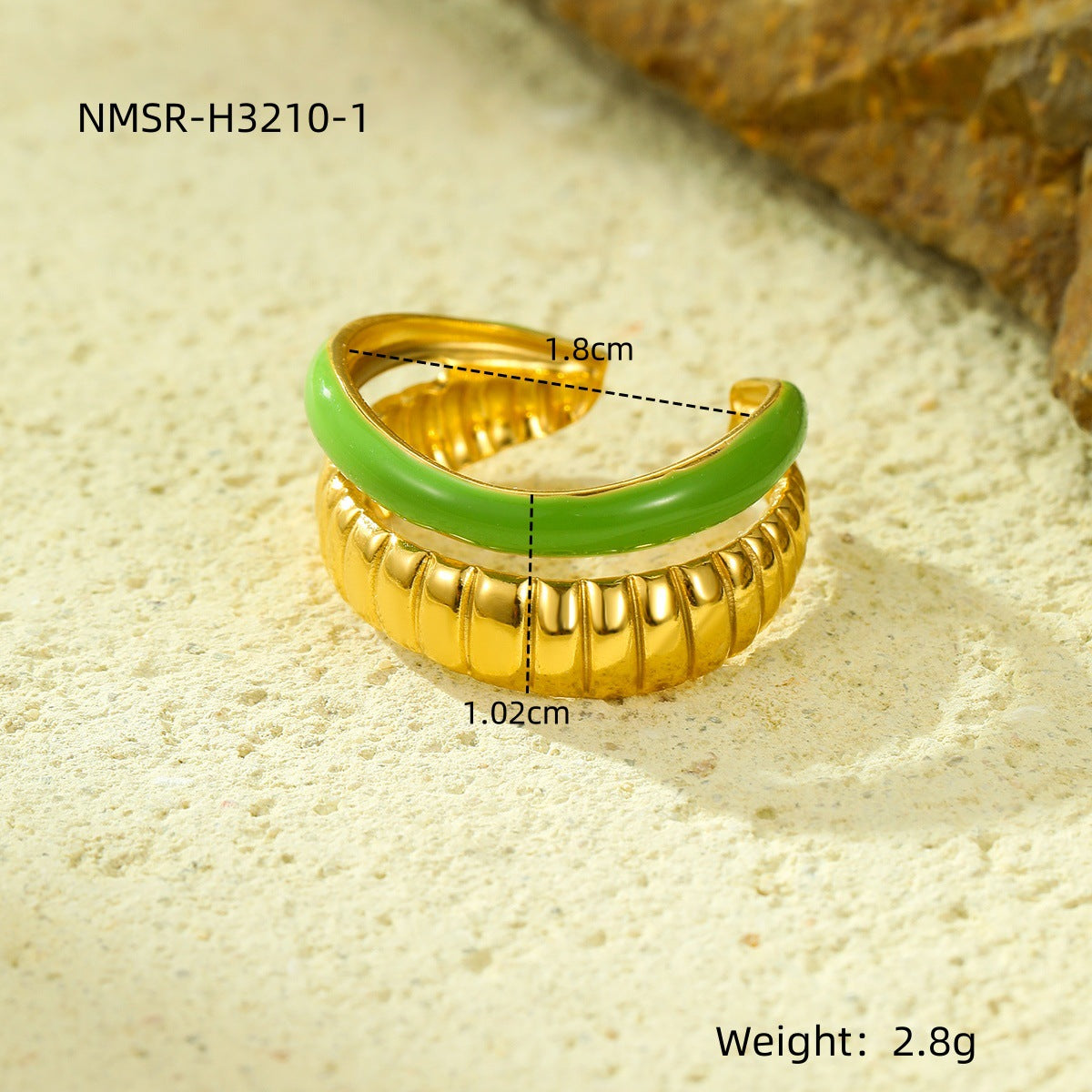 Anello da donna in acciaio inossidabile placcato oro 18 carati con doppia striscia smaltata verde, stile Fashion OL