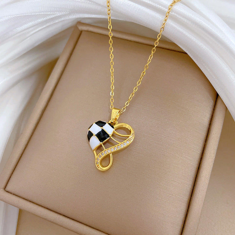 Sweet Elegant Geometric Checkered Rhinestone Pendant Necklace Titanium Steel Cable Chain for Unisex