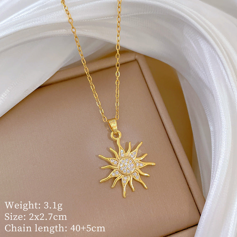 Minimalist Sunflower Pendant Necklace for Women Stainless Steel Geometric Locket Chain with Rhinestone Inlay