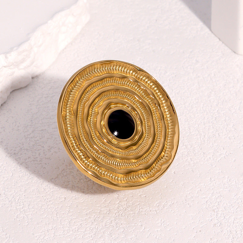 Anello aperto minimalista geometrico in acciaio inossidabile da donna con placcatura in oro 18K e design a disco testurizzato