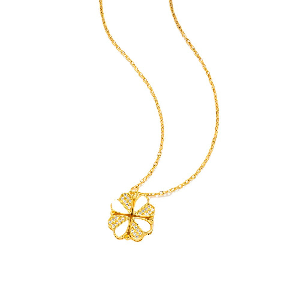 Minimalist Heart and Clover Pendant Necklace for Women in Titanium Steel with Rhinestone Inlay on O-Chain