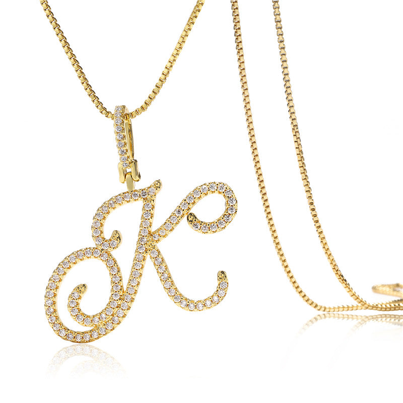 Minimalist Geometric Letter Pendant Necklace in Brass with Micro-Pavé Setting on Box Chain