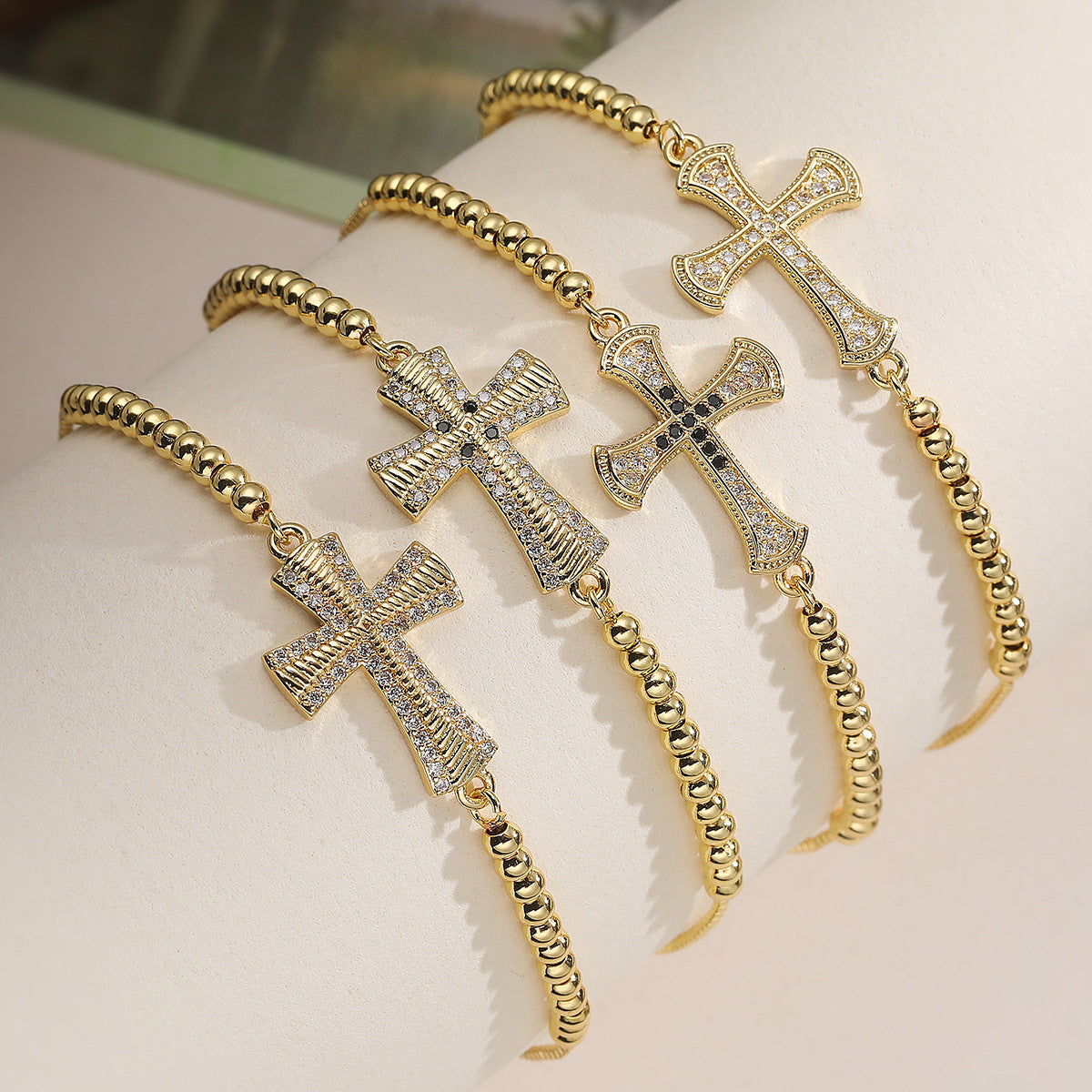 Minimalist 18K Gold Plated Brass Geometric Cross Bracelet with Cubic Zirconia for Women